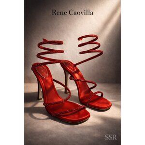 Rene Caovilla Cleo Red Crystal Serpent Satin Sandals EU 39 US 9 Italy